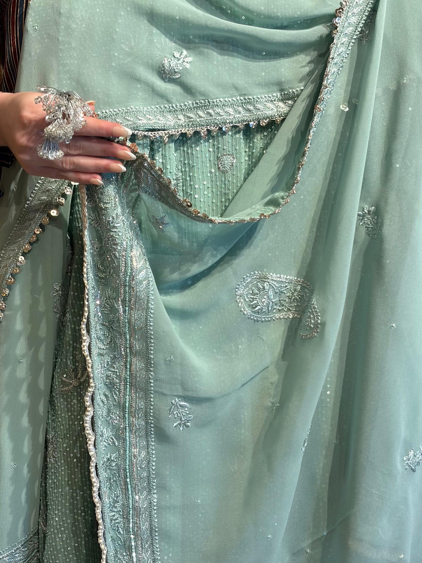 Cement Green Sequinned Georgette Chikankari Anarkali