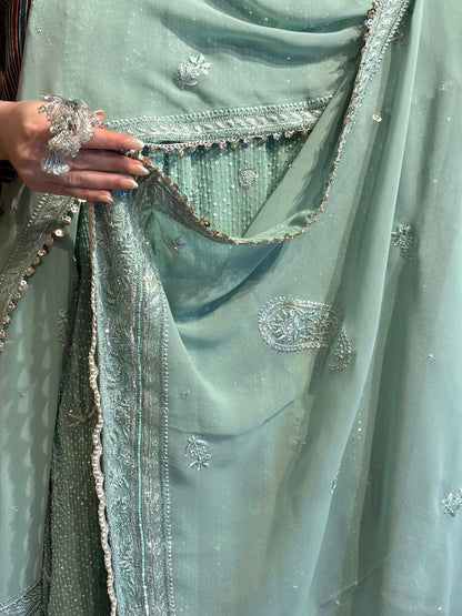 Cement Green Sequinned Georgette Chikankari Anarkali