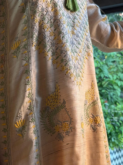 Basak Natural Tussar Silk Kalidar Chikankari Kurta Set
