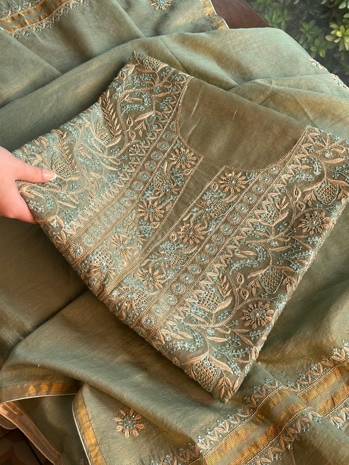 Cement Green Multi Shade Tissue Silk Chikankari Unstitched Fabric