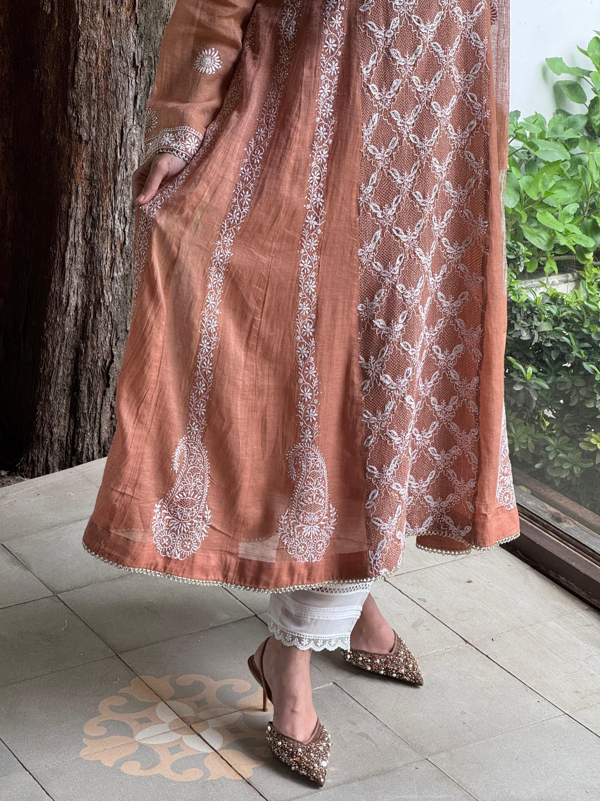 Coral Peach Shade Tissue Silk Chikankari Work Kalidar Kurta Dupatta Set