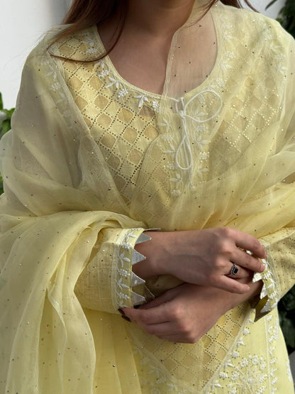 Lemon Custard Daraz Applique Chikankari Mukaish Kurta Dupatta Set