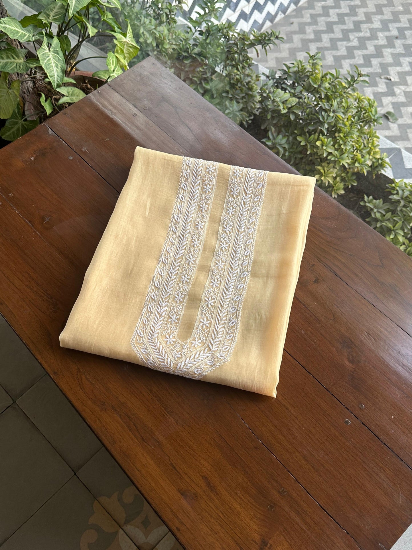 Yellow Mulmul Chikankari Unstitched Men's Kurtas Fabric