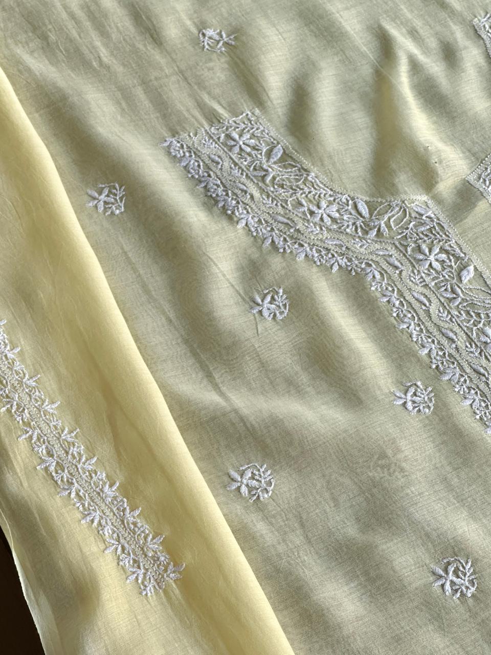 Lemon Yellow Mulmul Chikankari Unstitched Men's Kurtas Fabric