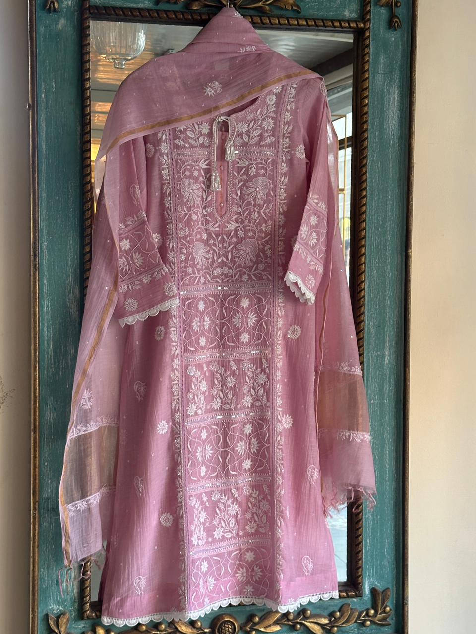 Pastel Pink Shade Malmal Pearl Work Chikankari Kurta With Dupatta