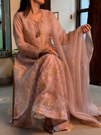 Dusty Peach Shade Noor Organza Chikankari Anarkali