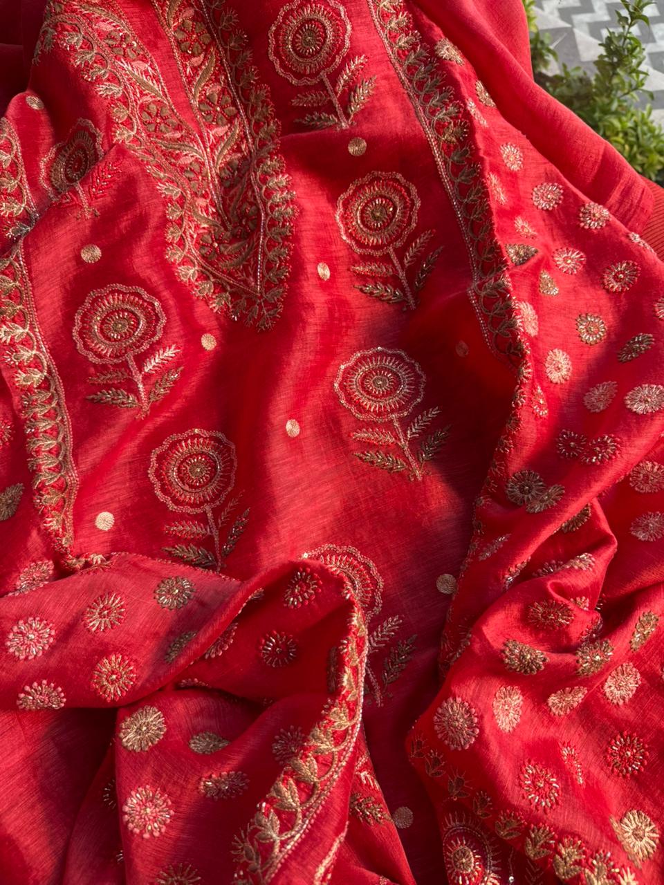 Brick Red Linen Silk Chikankari With Ari Work Unstitched Kurta Dupatta Set