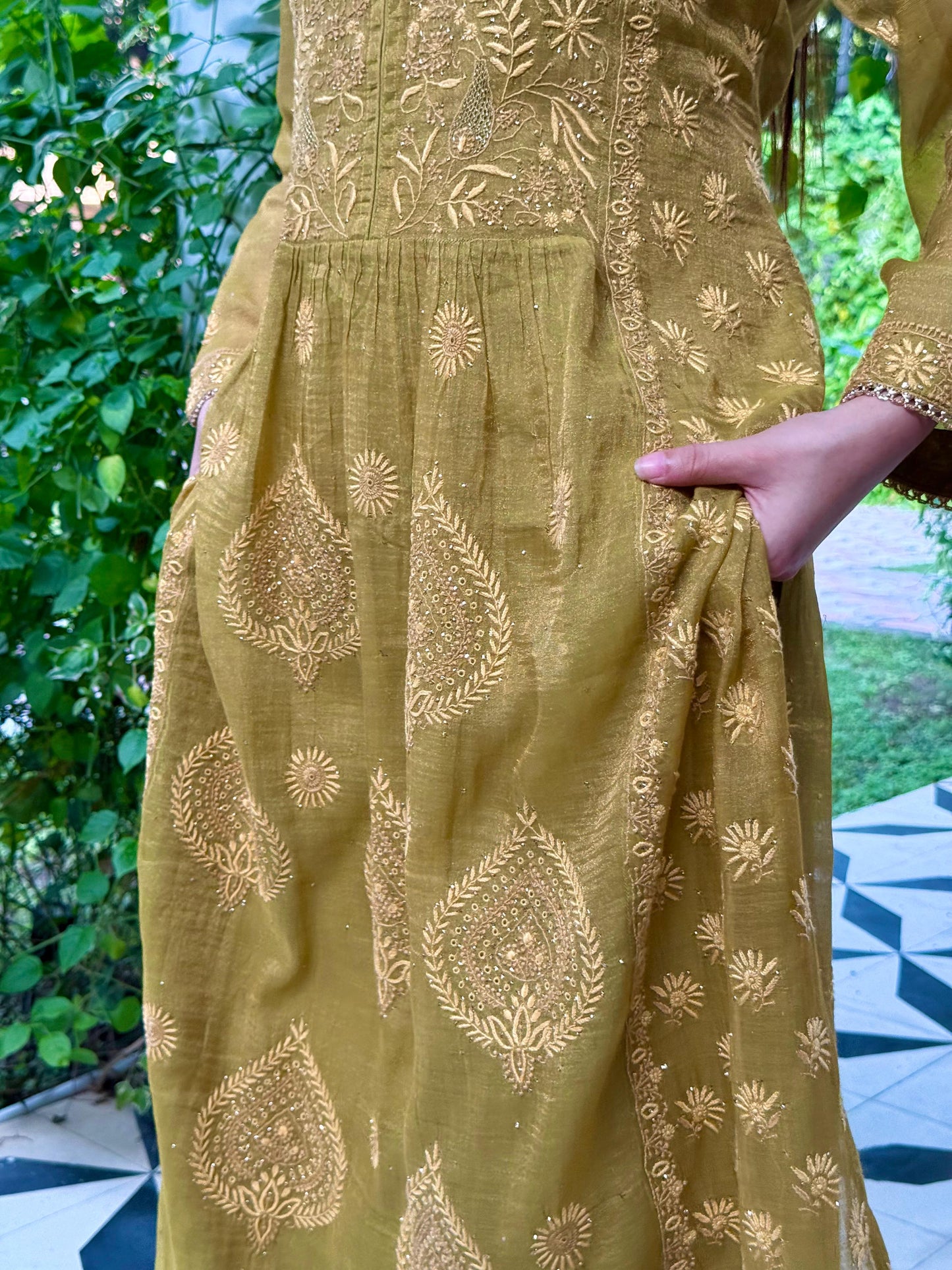 Fern Green Tissue Silk Chikankari Kalidar Kurta Dupatta Set
