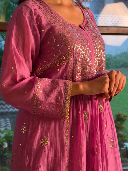 Deep Purple Mukaish Mul Chanderi Silk Ready To Wear Dress