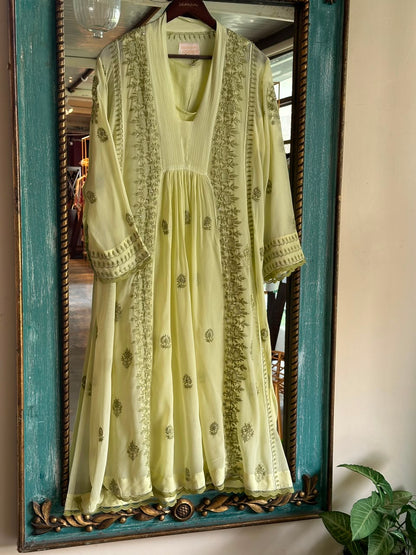 Pista Green Chiffon Chikankari Kurta with Lace Detailing