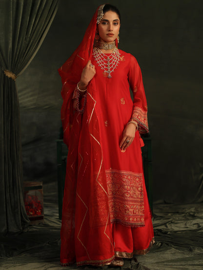 Red Katan Zari Chanderi Chikankari Kurta with Organza Dupatta & Sharara