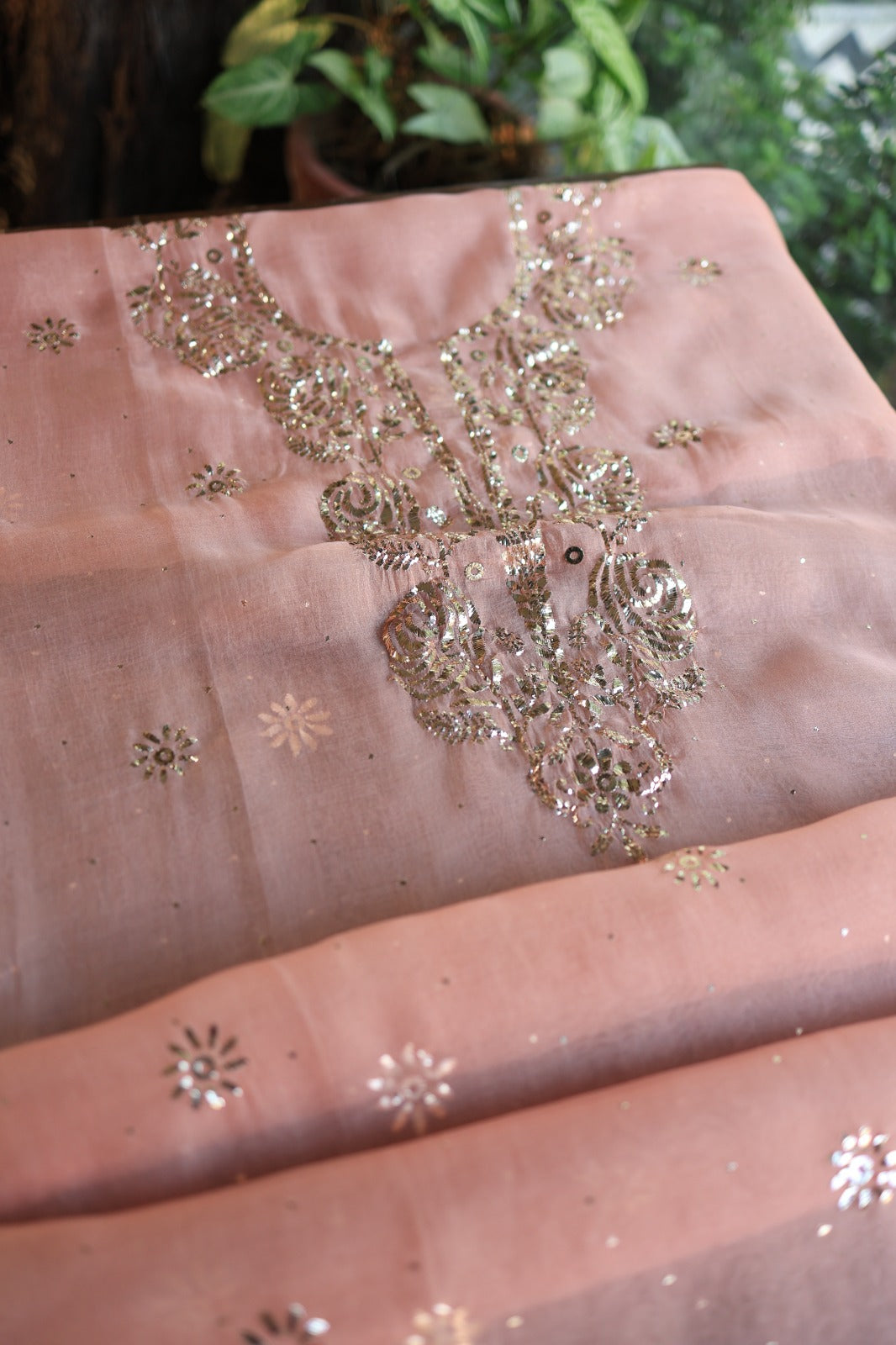 Coral Peach Shade Noor Organza Silk Badla Unstitched Kurta Dupatta Set