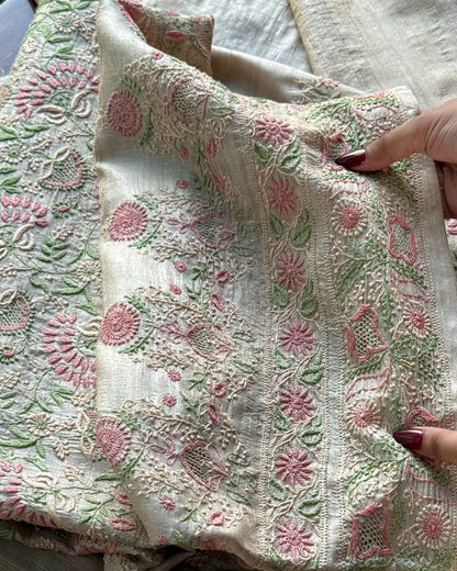 Natural Beige Tussar Silk Chikankari Fabric