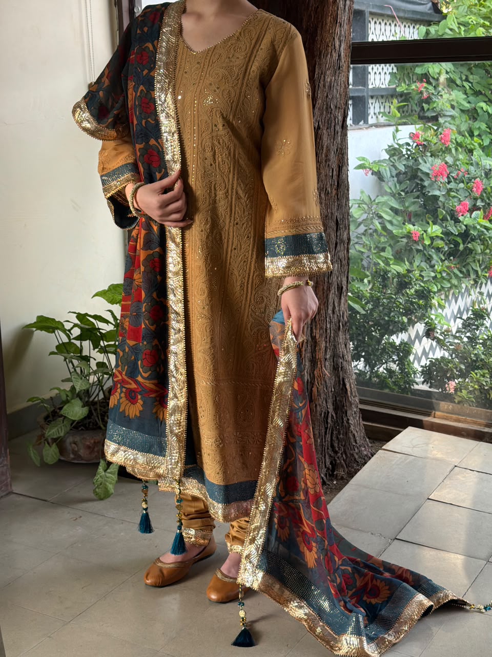 Turmeric Yellow Chikankari Pure Georgette Churidar Set with Kalamkari Dupatta