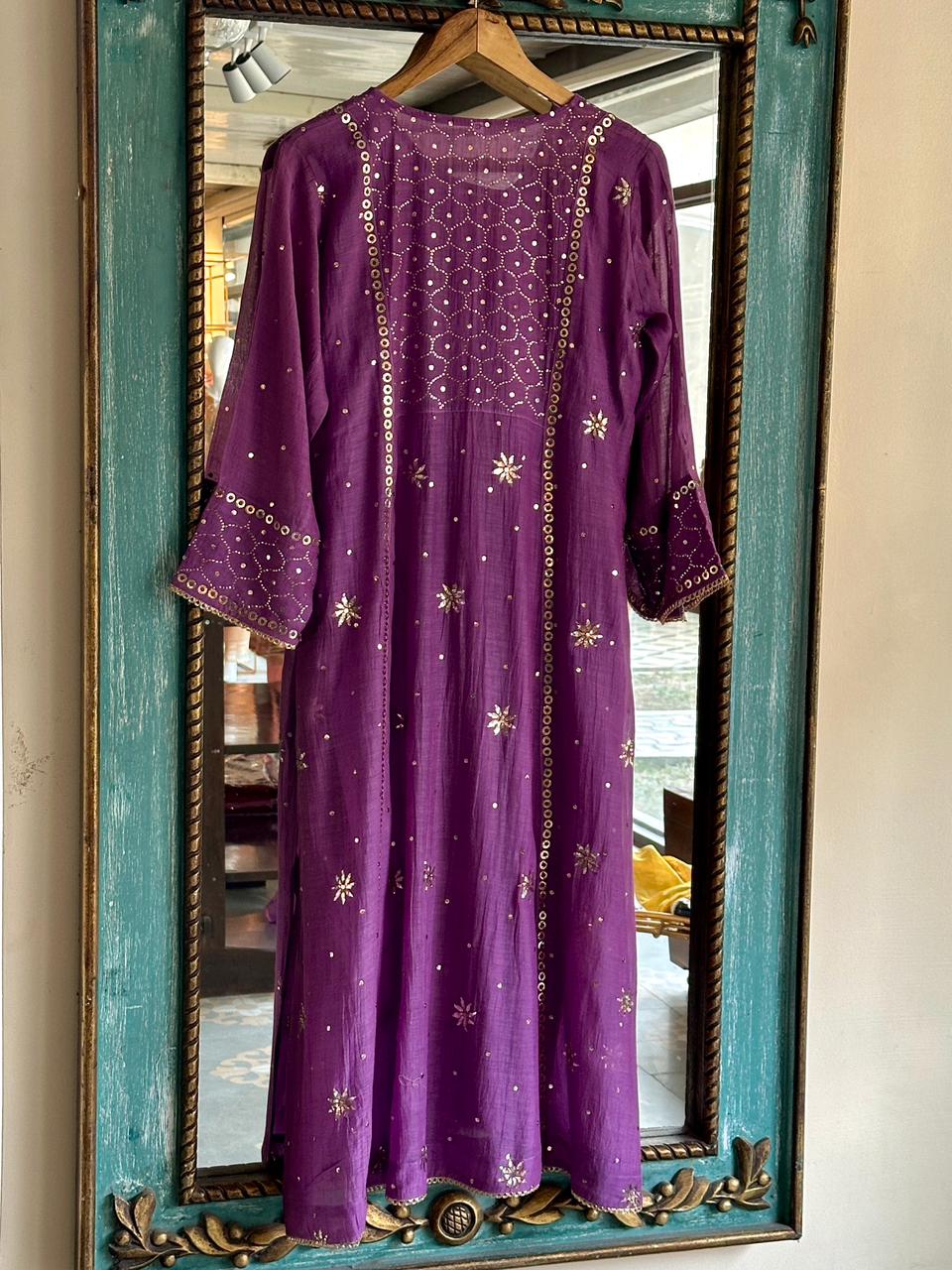 Deep Purple Shade Mukaish Mul Chanderi Silk Dress