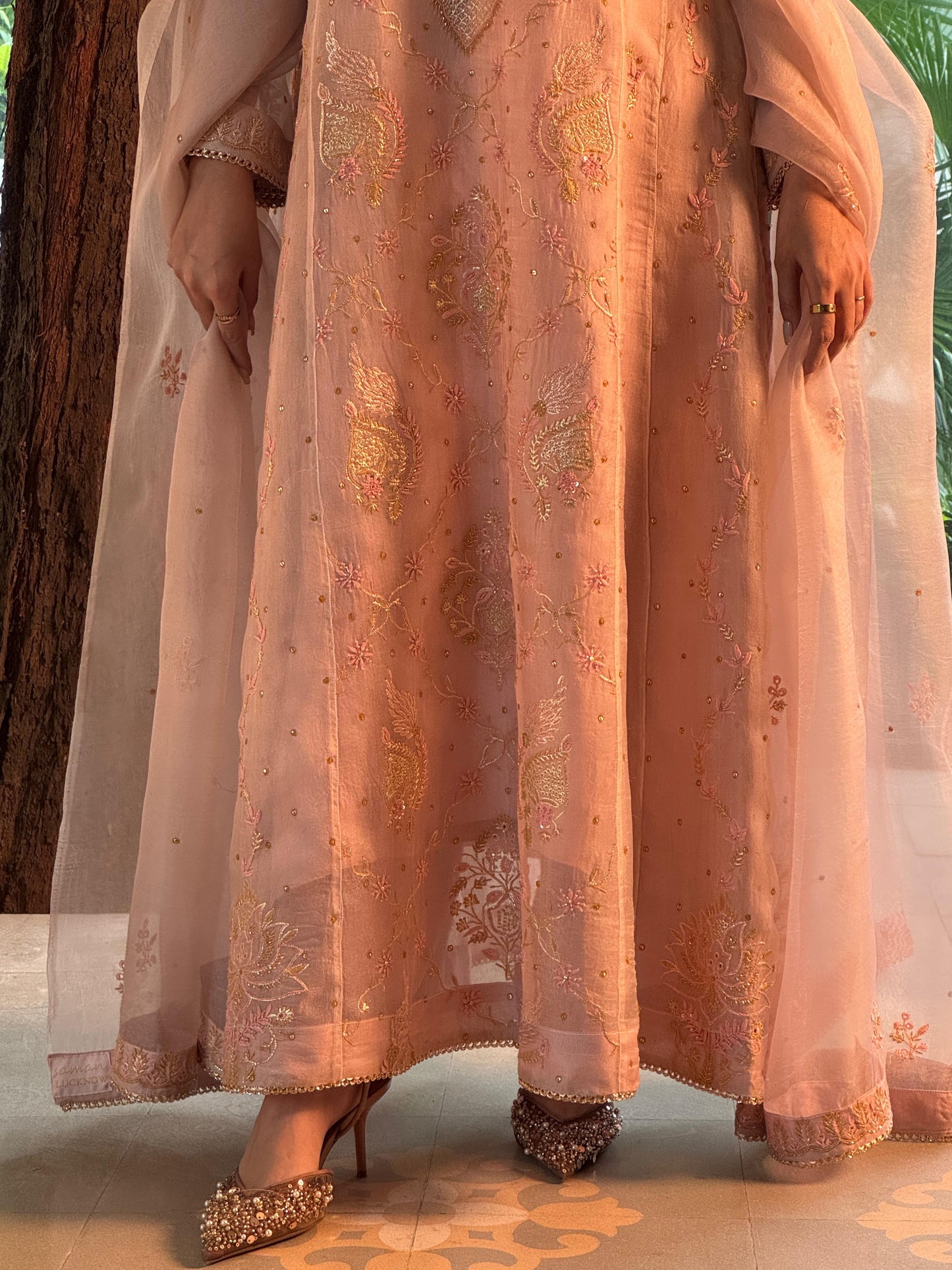 Dusty Peach Shade Noor Organza Chikankari Anarkali