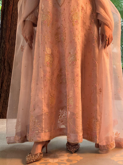 Dusty Peach Shade Noor Organza Chikankari Anarkali