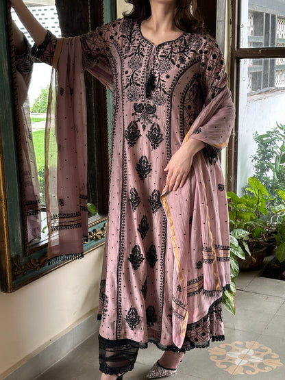 Plum Black Shade Malmal Pearl Work Chikankari Anarkali