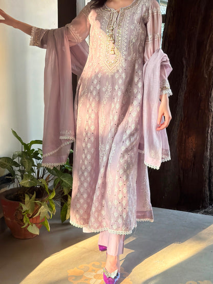 Lavender Mal Chanderi Mukaish Kamdani Chikankari Anarkali