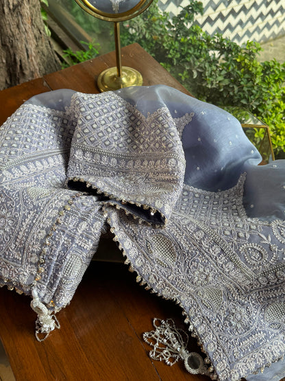Noor Mauve Blue Chikankari Saree With Blouse