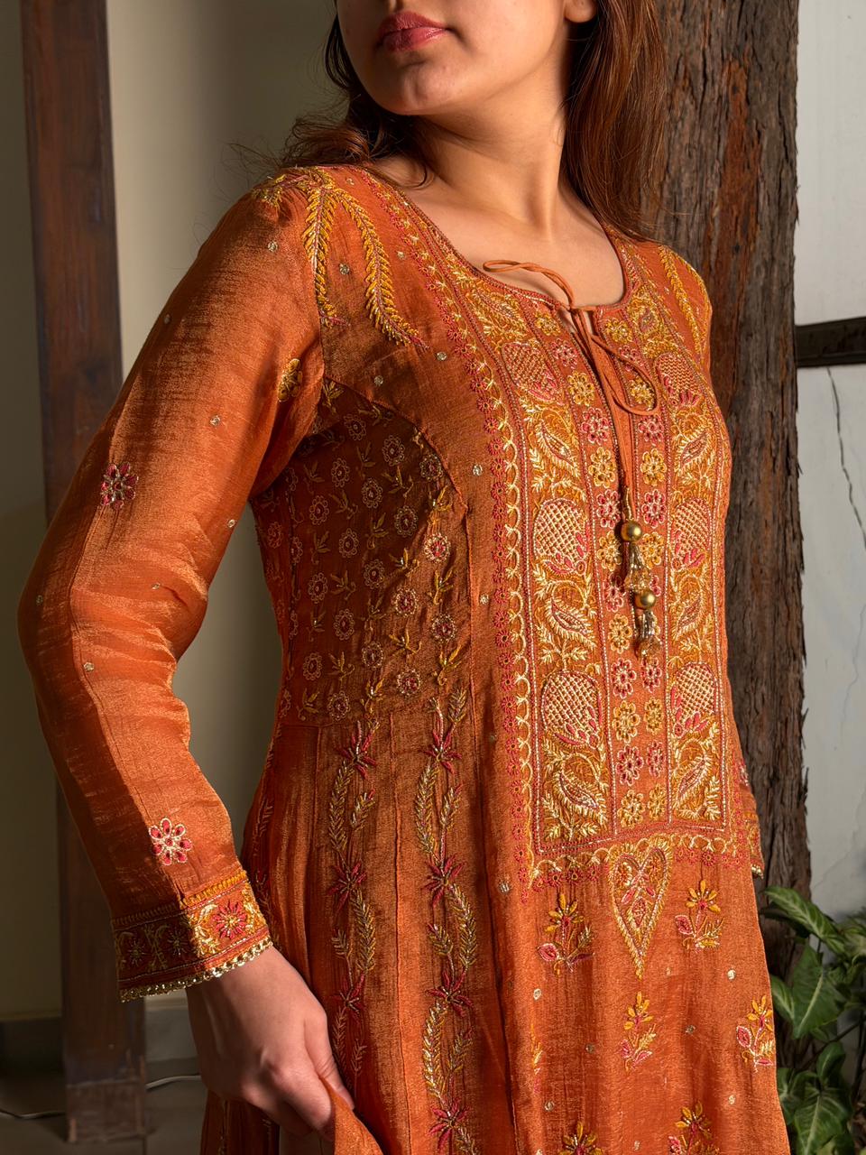 Rust Orange Shade Tissue Silk Chikankari Anarkali With Ari Work