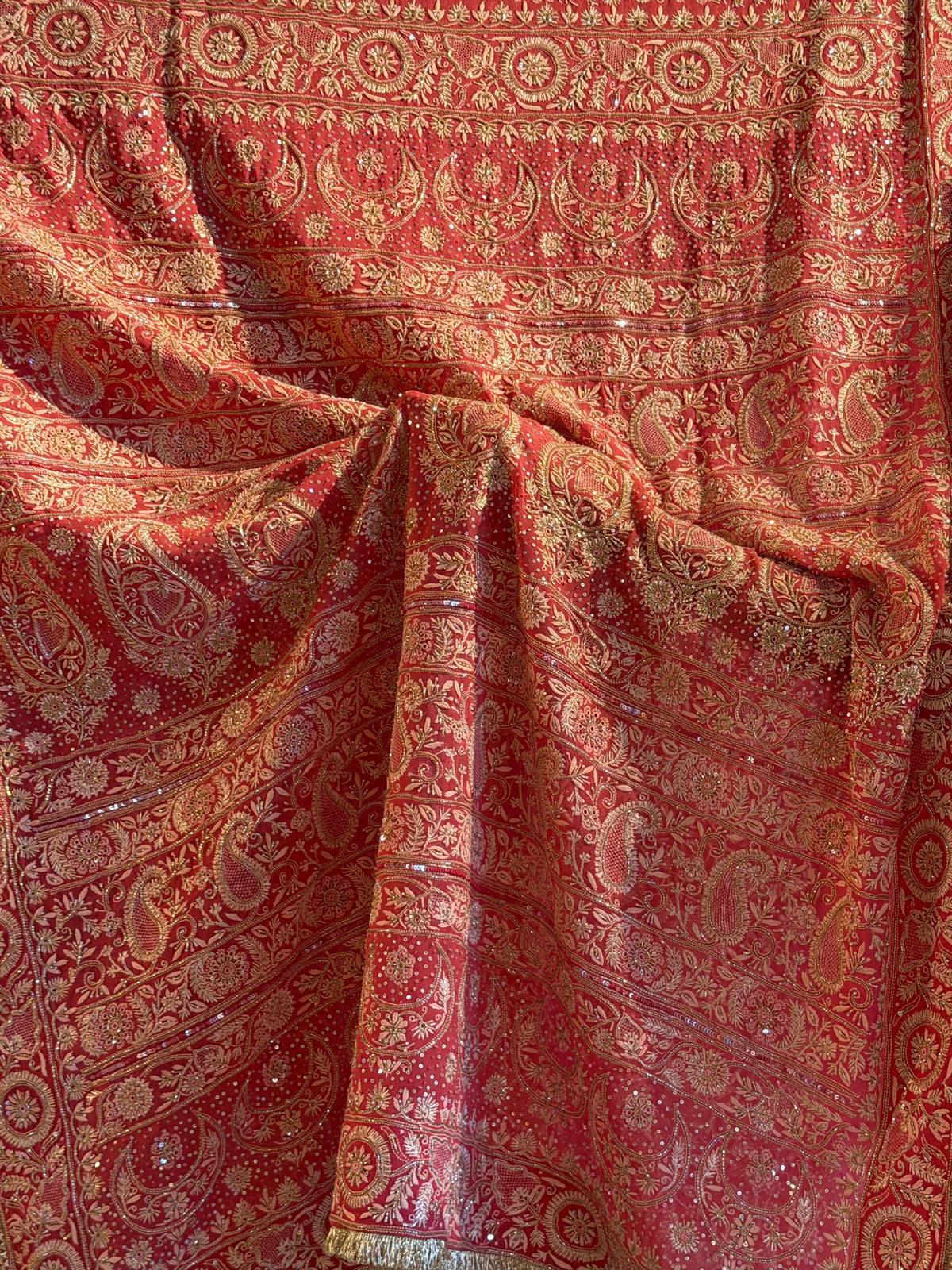 Deep Coral Shade Heavy Chikankari Jwelled Chikankari Sequinned Saree