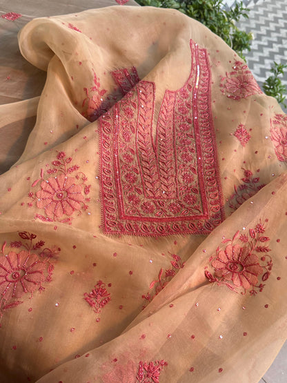 Beige Red Noor Organza Silk Chikankari Unstitched Kurta Dupatta Set