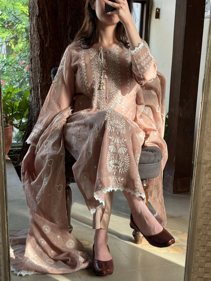 Nude Rose Mul Chanderi Mukaish Kamdani Chikankari Kurta Dupatta Set