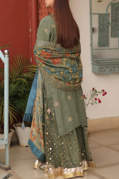 Mehndi Green Chikankari Pure Georgette Kurta Gharara Set with Kalamkari Dupatta