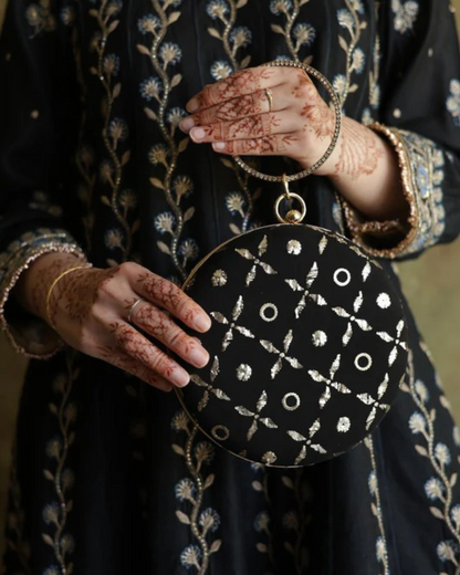 Round Shape Black Pure Georgette Mukaish Badla Sling Clutch