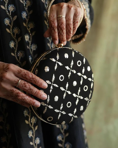 Round Shape Black Pure Georgette Mukaish Badla Sling Clutch