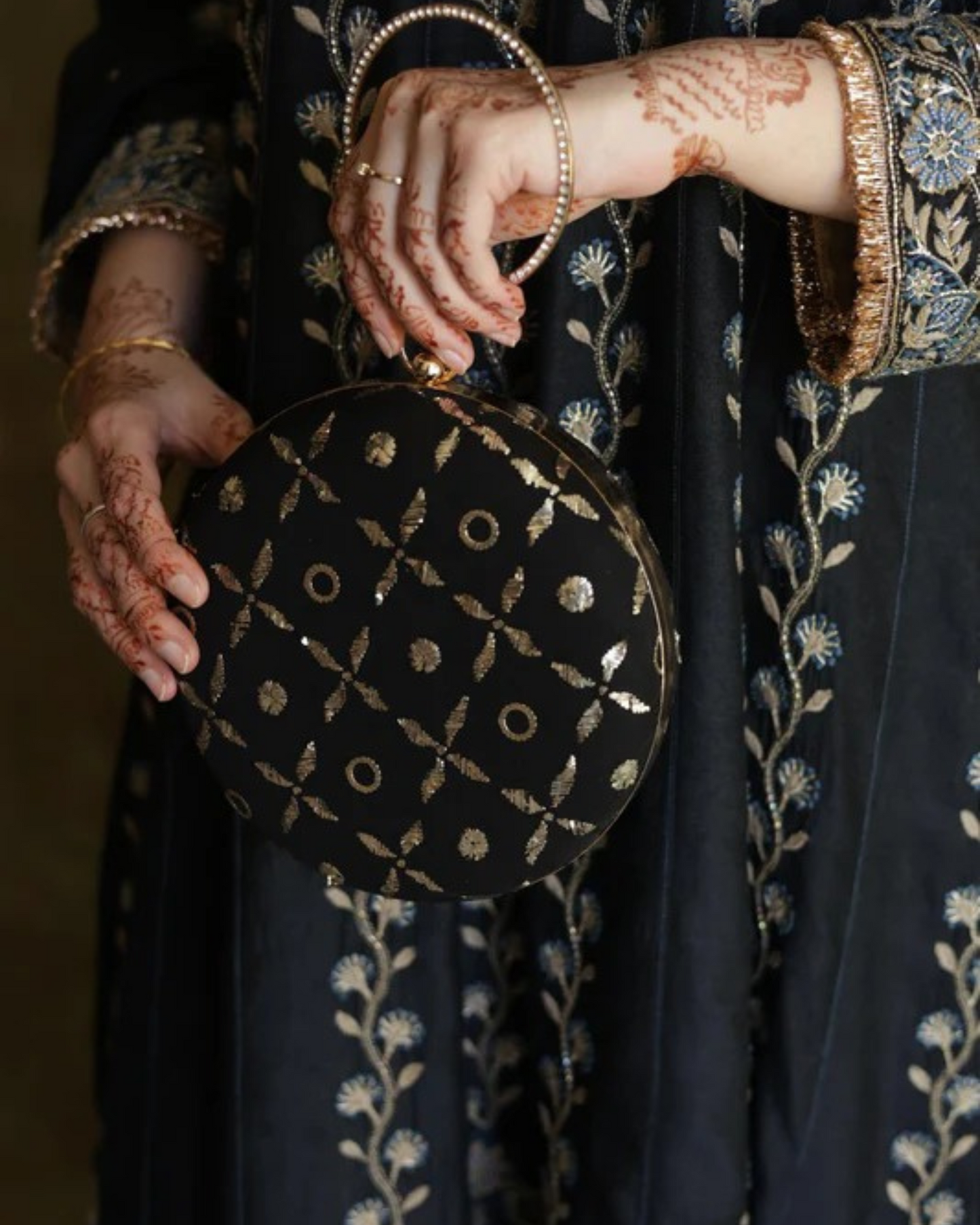 Round Shape Black Pure Georgette Mukaish Badla Sling Clutch
